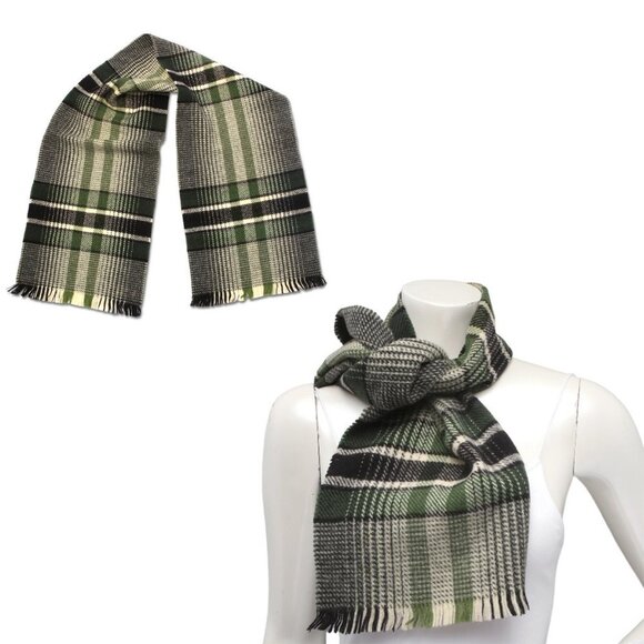 Vintage Plaid Wool Blend Winter Scarf Black Green Yellow Tassel - Picture 1 of 5